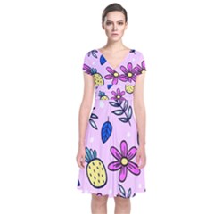 Flowers Petals Pineapples Fruit Short Sleeve Front Wrap Dress