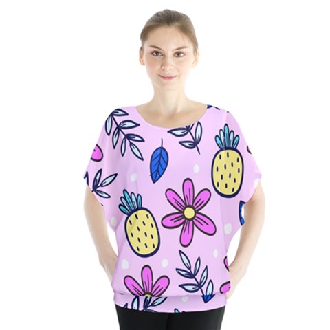 Flowers Petals Pineapples Fruit Batwing Chiffon Blouse by Maspions