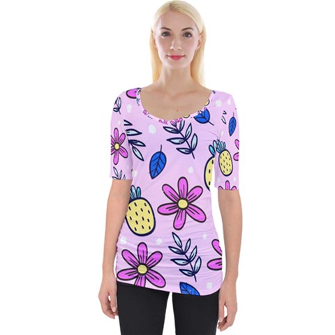 Flowers Petals Pineapples Fruit Wide Neckline T-shirt by Maspions