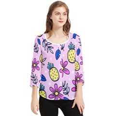 Flowers Petals Pineapples Fruit Chiffon Quarter Sleeve Blouse