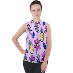 Flowers Petals Pineapples Fruit Mock Neck Chiffon Sleeveless Top