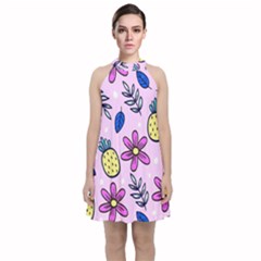 Flowers Petals Pineapples Fruit Velvet Halter Neckline Dress 