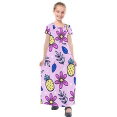 Flowers Petals Pineapples Fruit Kids  Short Sleeve Maxi Dress