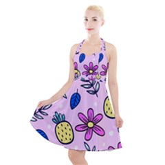 Flowers Petals Pineapples Fruit Halter Party Swing Dress 