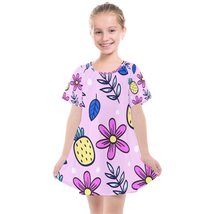 Flowers Petals Pineapples Fruit Kids  Smock Dress