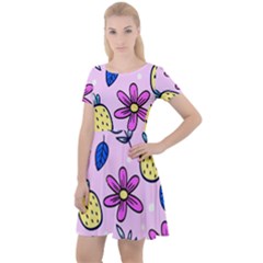 Flowers Petals Pineapples Fruit Cap Sleeve Velour Dress 