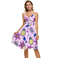 Flowers Petals Pineapples Fruit Sleeveless Tie Front Chiffon Dress