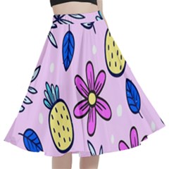 Flowers Petals Pineapples Fruit A-line Full Circle Midi Skirt With Pocket