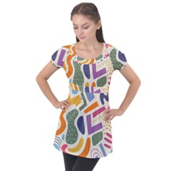 Abstract Pattern Background Puff Sleeve Tunic Top