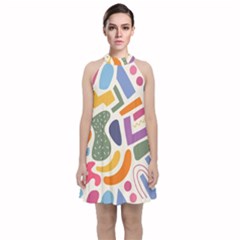 Abstract Pattern Background Velvet Halter Neckline Dress 