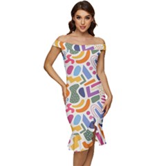 Abstract Pattern Background Off Shoulder Ruffle Split Hem Bodycon Dress