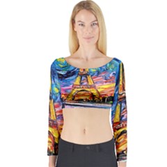 Eiffel Tower Starry Night Print Van Gogh Long Sleeve Crop Top