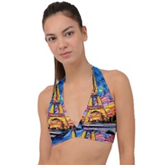 Eiffel Tower Starry Night Print Van Gogh Halter Plunge Bikini Top