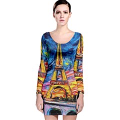 Eiffel Tower Starry Night Print Van Gogh Long Sleeve Velvet Bodycon Dress