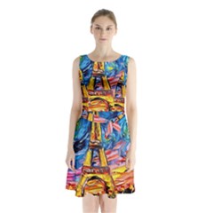 Eiffel Tower Starry Night Print Van Gogh Sleeveless Waist Tie Chiffon Dress