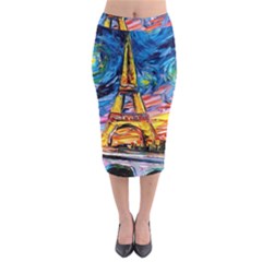 Eiffel Tower Starry Night Print Van Gogh Midi Pencil Skirt