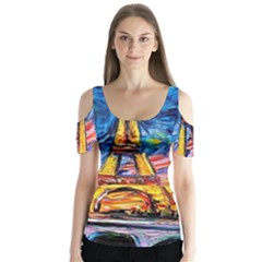 Eiffel Tower Starry Night Print Van Gogh Butterfly Sleeve Cutout T-shirt 