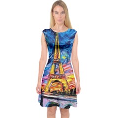 Eiffel Tower Starry Night Print Van Gogh Capsleeve Midi Dress