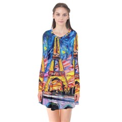 Eiffel Tower Starry Night Print Van Gogh Long Sleeve V-neck Flare Dress