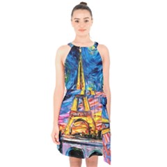 Eiffel Tower Starry Night Print Van Gogh Halter Collar Waist Tie Chiffon Dress