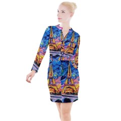 Eiffel Tower Starry Night Print Van Gogh Button Long Sleeve Dress by Maspions