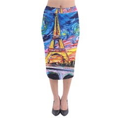 Eiffel Tower Starry Night Print Van Gogh Velvet Midi Pencil Skirt