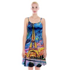 Eiffel Tower Starry Night Print Van Gogh Spaghetti Strap Velvet Dress