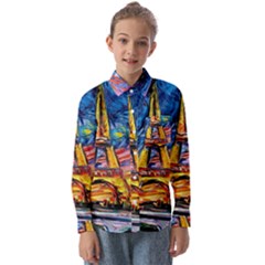 Eiffel Tower Starry Night Print Van Gogh Kids  Long Sleeve Shirt