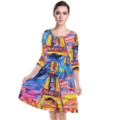 Eiffel Tower Starry Night Print Van Gogh Quarter Sleeve Waist Band Dress