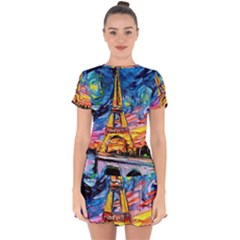 Eiffel Tower Starry Night Print Van Gogh Drop Hem Mini Chiffon Dress