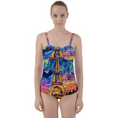 Eiffel Tower Starry Night Print Van Gogh Twist Front Tankini Set by Maspions