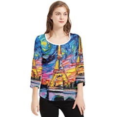 Eiffel Tower Starry Night Print Van Gogh Chiffon Quarter Sleeve Blouse by Maspions