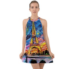 Eiffel Tower Starry Night Print Van Gogh Halter Tie Back Chiffon Dress