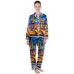 Eiffel Tower Starry Night Print Van Gogh Women s Long Sleeve Satin Pajamas Set	