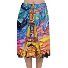 Eiffel Tower Starry Night Print Van Gogh Velvet Flared Midi Skirt