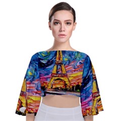 Eiffel Tower Starry Night Print Van Gogh Tie Back Butterfly Sleeve Chiffon Top