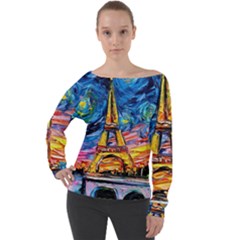 Eiffel Tower Starry Night Print Van Gogh Off Shoulder Long Sleeve Velour Top