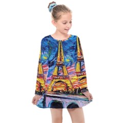 Eiffel Tower Starry Night Print Van Gogh Kids  Long Sleeve Dress