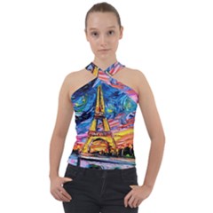 Eiffel Tower Starry Night Print Van Gogh Cross Neck Velour Top