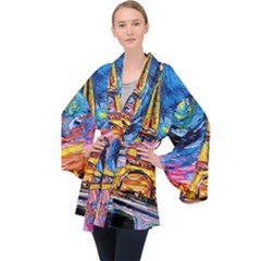 Eiffel Tower Starry Night Print Van Gogh Long Sleeve Velvet Kimono  by Maspions