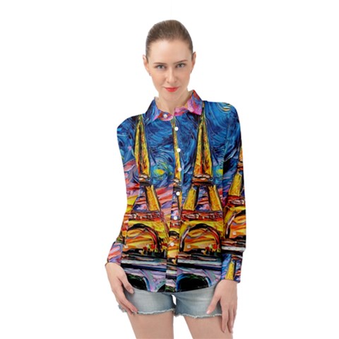 Eiffel Tower Starry Night Print Van Gogh Long Sleeve Chiffon Shirt by Maspions