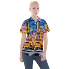 Eiffel Tower Starry Night Print Van Gogh Women s Short Sleeve Pocket Shirt