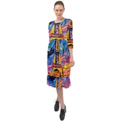 Eiffel Tower Starry Night Print Van Gogh Ruffle End Midi Chiffon Dress