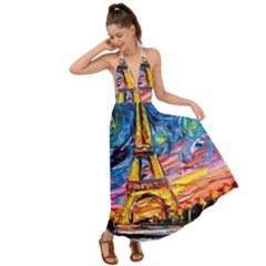 Eiffel Tower Starry Night Print Van Gogh Backless Maxi Beach Dress by Maspions