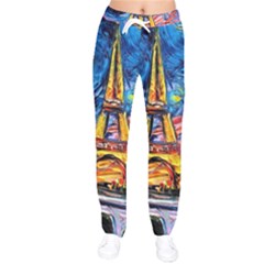 Eiffel Tower Starry Night Print Van Gogh Women Velvet Drawstring Pants by Maspions