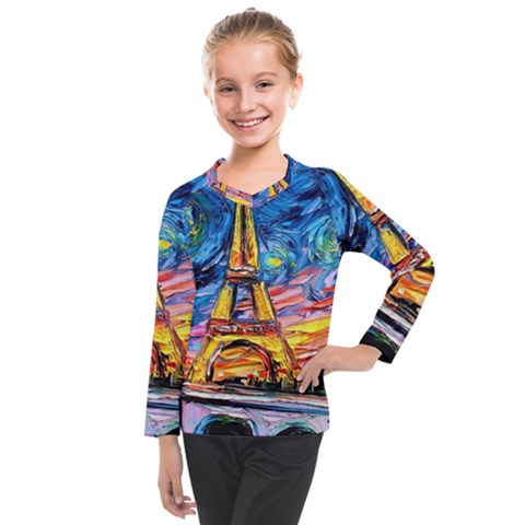 Eiffel Tower Starry Night Print Van Gogh Kids  Long Mesh T-shirt by Maspions