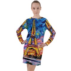 Eiffel Tower Starry Night Print Van Gogh Long Sleeve Hoodie Dress by Maspions