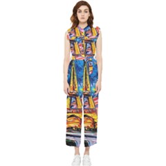 Eiffel Tower Starry Night Print Van Gogh Women s Frill Top Chiffon Jumpsuit by Maspions