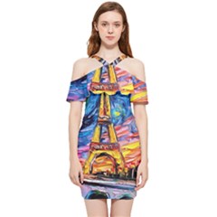 Eiffel Tower Starry Night Print Van Gogh Shoulder Frill Bodycon Summer Dress