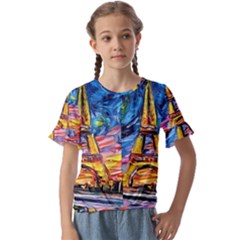 Eiffel Tower Starry Night Print Van Gogh Kids  Cuff Sleeve Scrunch Bottom T-shirt